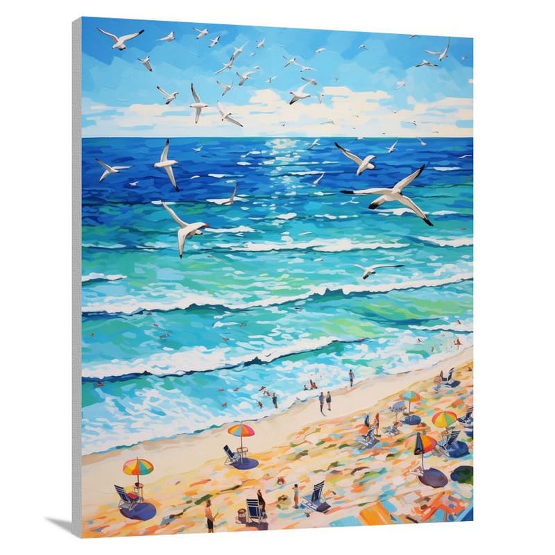 Aerial Beach: Seagulls Soaring Memories - Canvas Print