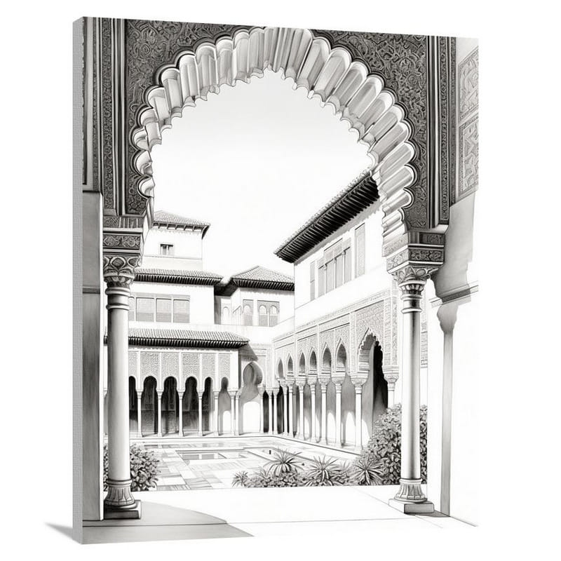 Alhambra's Fusion: A Courtyard's Elegance - Canvas Print