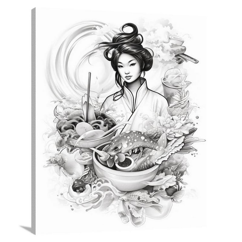 Asian Cuisine: A Culinary Journey - Black And White - Canvas Print