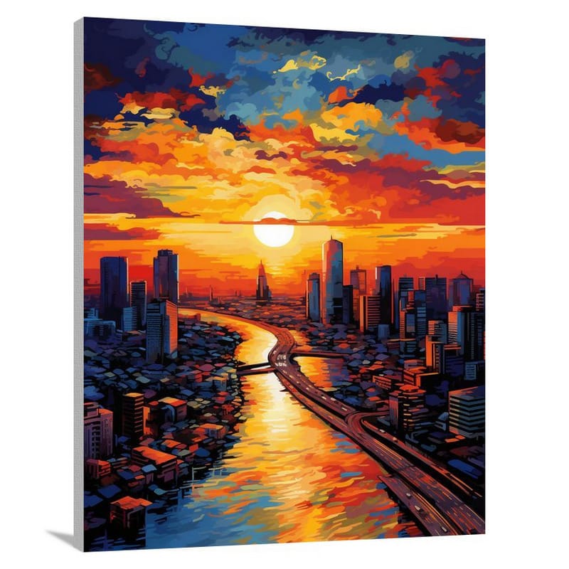 Bangkok Sunset: A Fiery Pop Art Panorama - Canvas Print