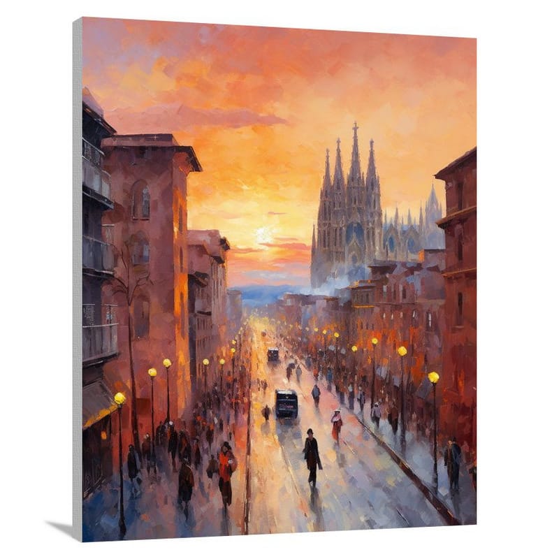 Barcelona's Fiery Sunset - Canvas Print