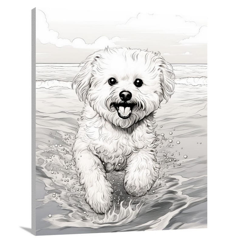 Bichon Frise's Beach Bliss - Black And White - Canvas Print