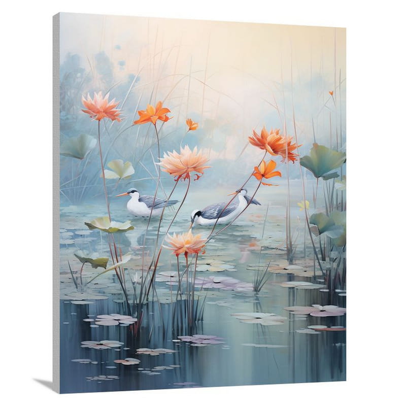 Birds on Lily Pads. - Canvas Print