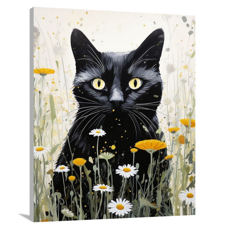 Black Cat's Floral Haven - Canvas Print