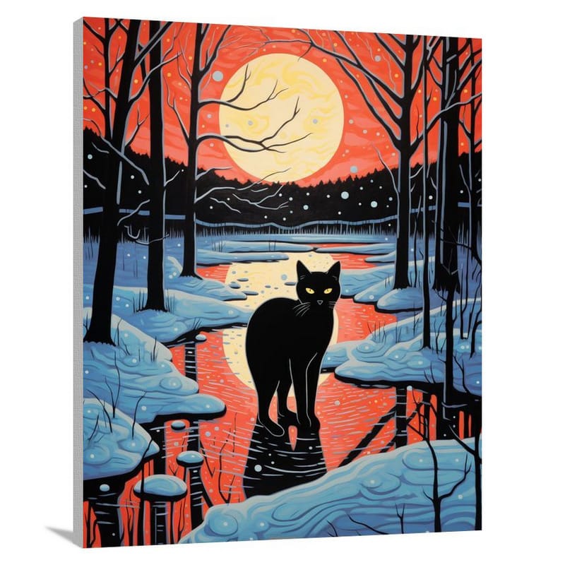 Black Cat's Winter Stroll - Pop Art - Canvas Print