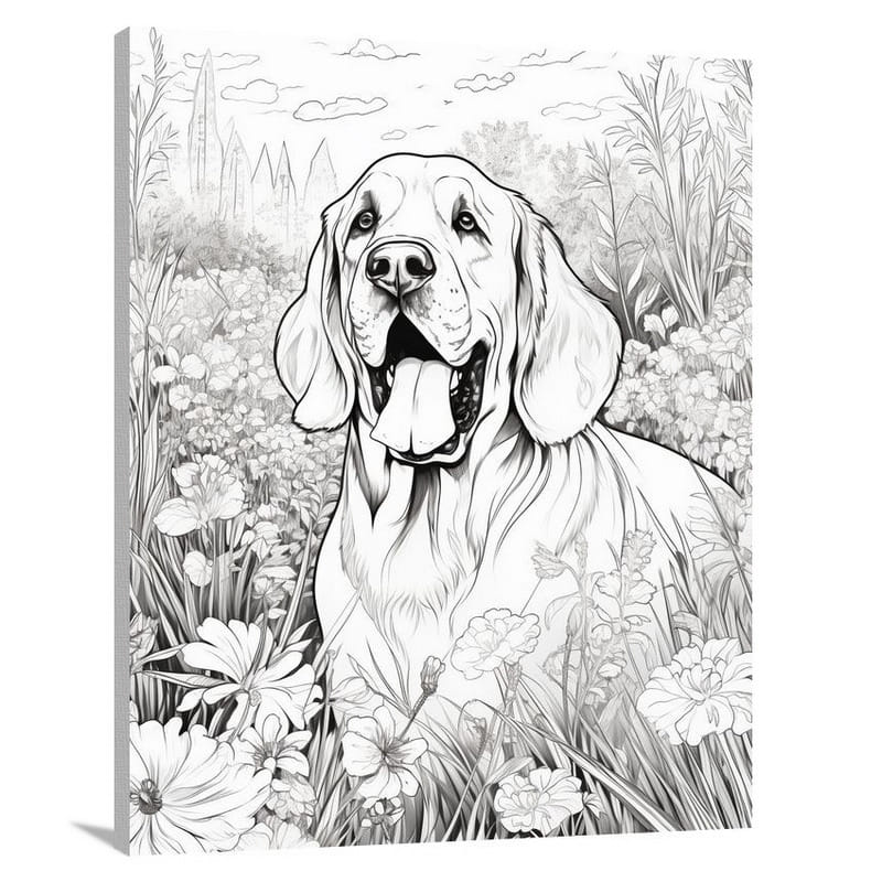 Bloodhound's Floral Symphony - Black And White - Canvas Print