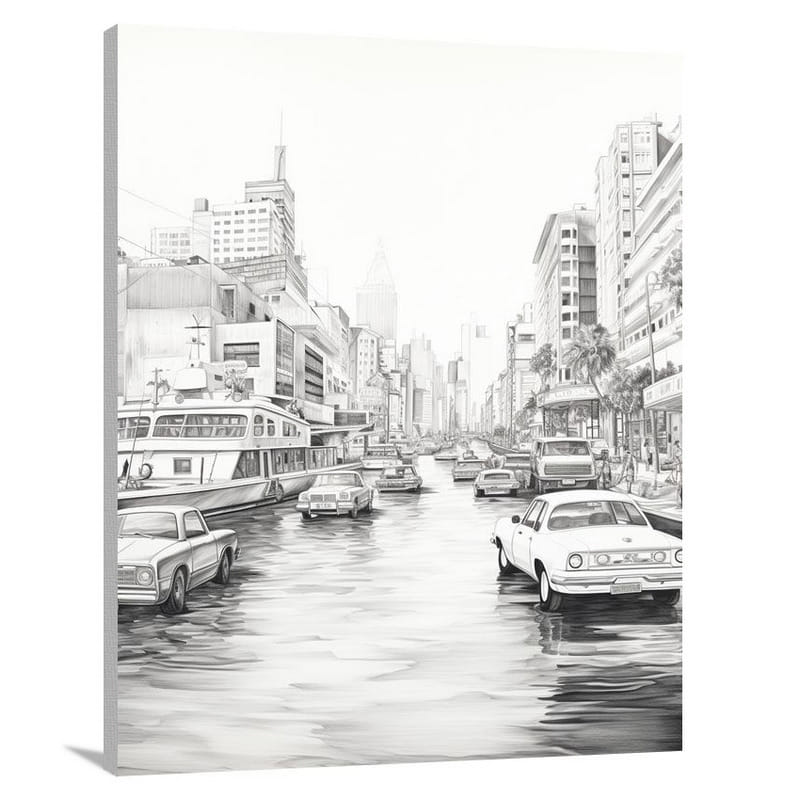 Boat in the Urban Symphony - Black And White - Canvas Print