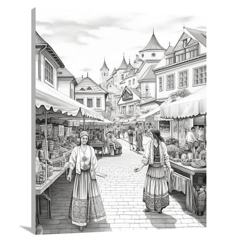 Bulgarian Market: Vibrant Folk Buzz - Black And White - Canvas Print