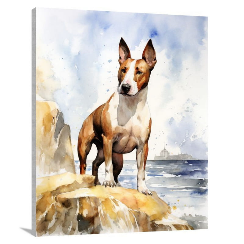 Bull Terrier: Guardian of the Waves - Watercolor - Canvas Print