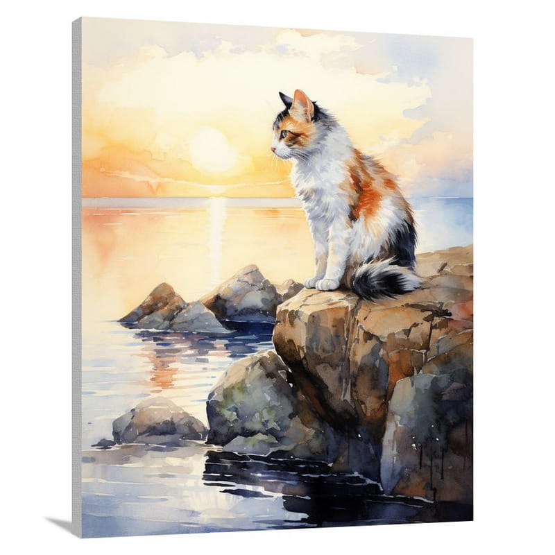 Calico Cat's Serene Sunset - Watercolor - Canvas Print