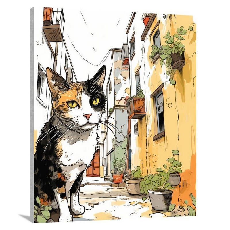 Calico Cat's Urban Adventure - Black And White - Canvas Print