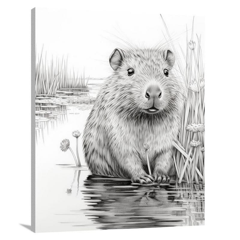 Capybara's Serenity - Black And White - Canvas Print
