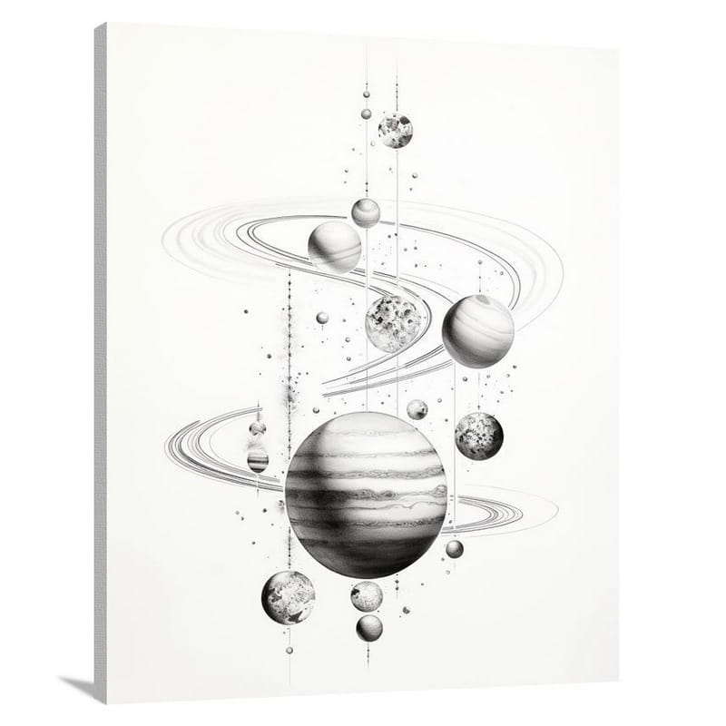Celestial Alignment: Solar System Symphony - Black And White - Canvas Print