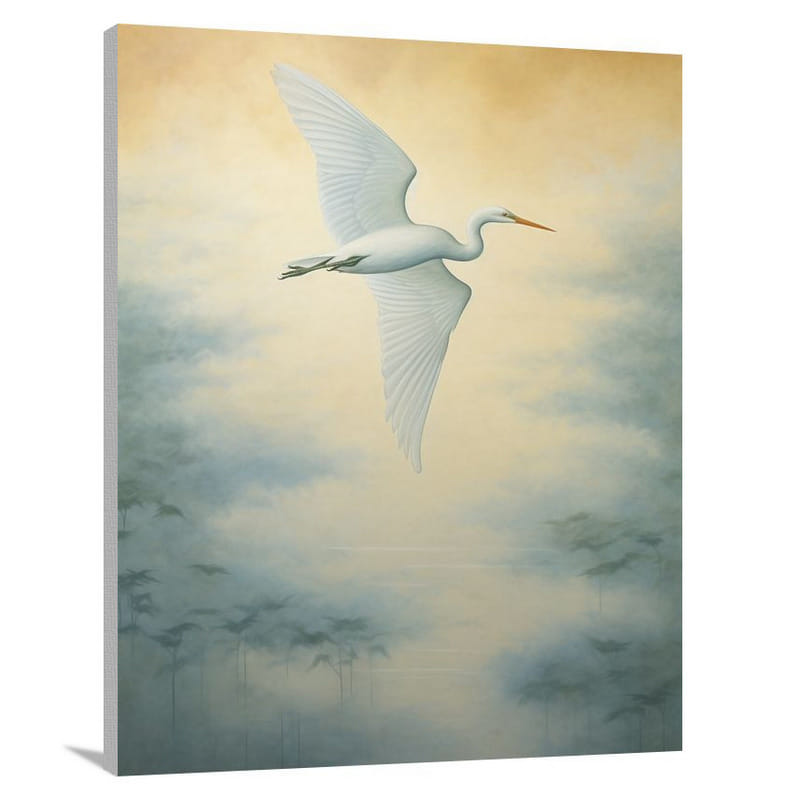 Celestial Elegance: Egret's Flight - Canvas Print
