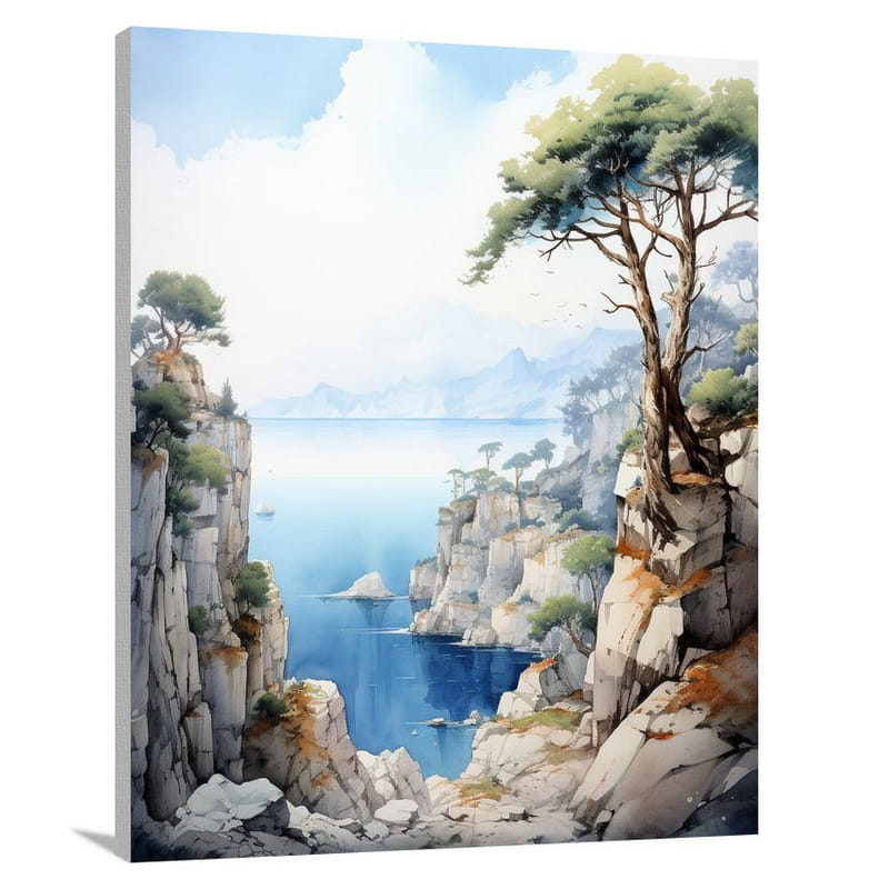 Cliff's Serene Horizon: Azure Skies - Canvas Print