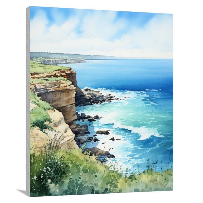 Cliff's Serene Horizon: Azure Skies - Watercolor - Canvas Print
