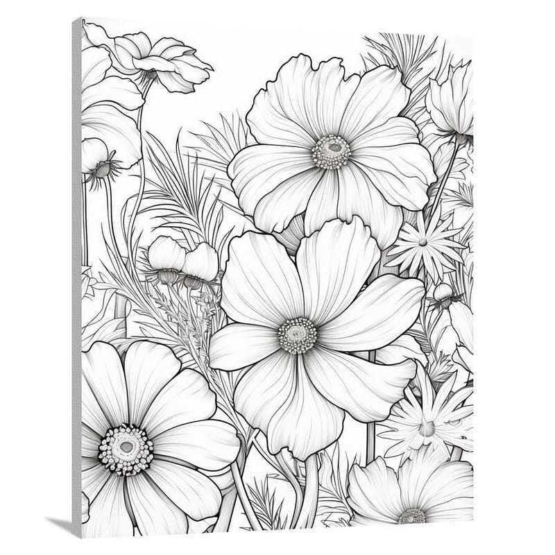 Cosmic Blooms: A Celestial Meadow - Black And White - Canvas Print