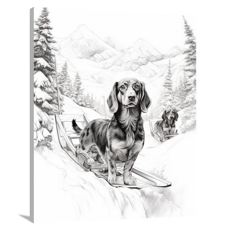 Dachshund's Winter Journey - Black And White - Canvas Print