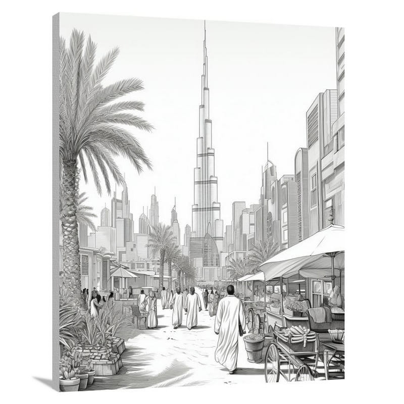Dubai Souk: Vibrant Conversations - Black And White - Canvas Print