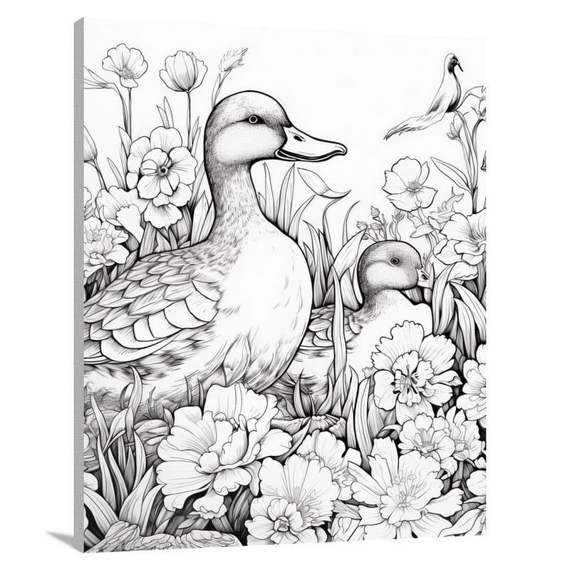 Duck's Whimsical Garden - Black And White - Canvas Print