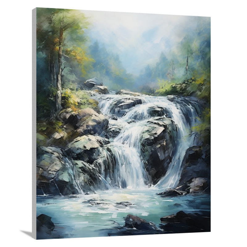 Ethereal Cascade: Majestic Waterfall - Impressionist - Canvas Print