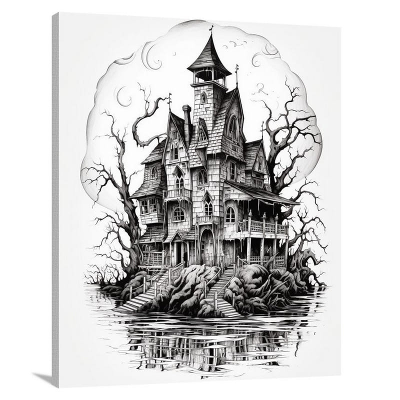 Ethereal Enigma: Haunted House - Black And White - Canvas Print