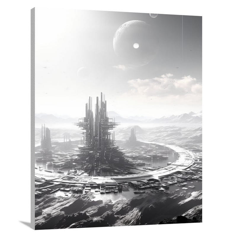 Ethereal Metropolis: Space Fiction - Black And White - Canvas Print