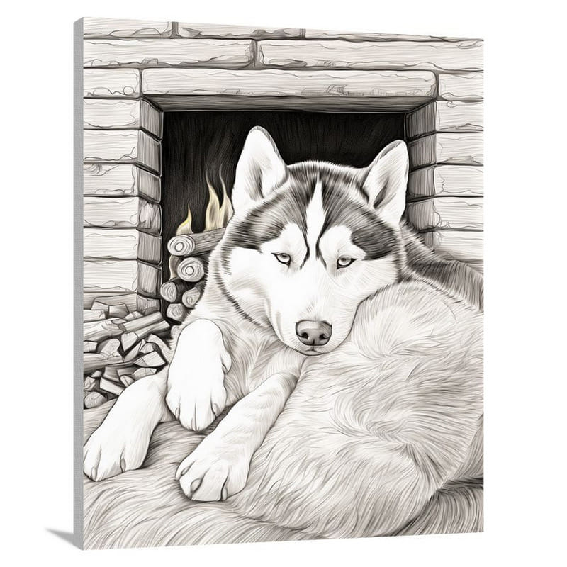 Fireside Serenity: Siberian Husky - Canvas Print