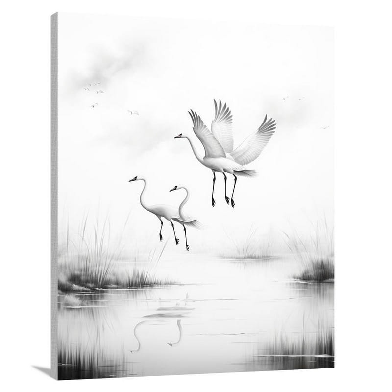 Flamingo's Ethereal Flight: Tranquil Birds - Canvas Print