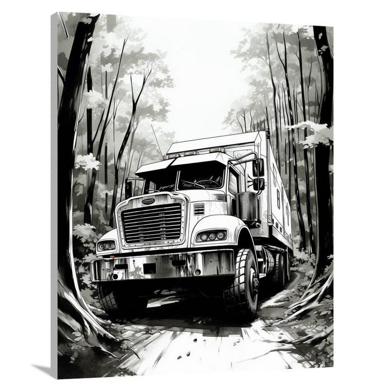 Freightliner's Forest Journey - Black And White - Canvas Print