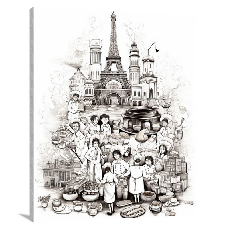 French Cuisine: A Global Feast - Black And White - Canvas Print