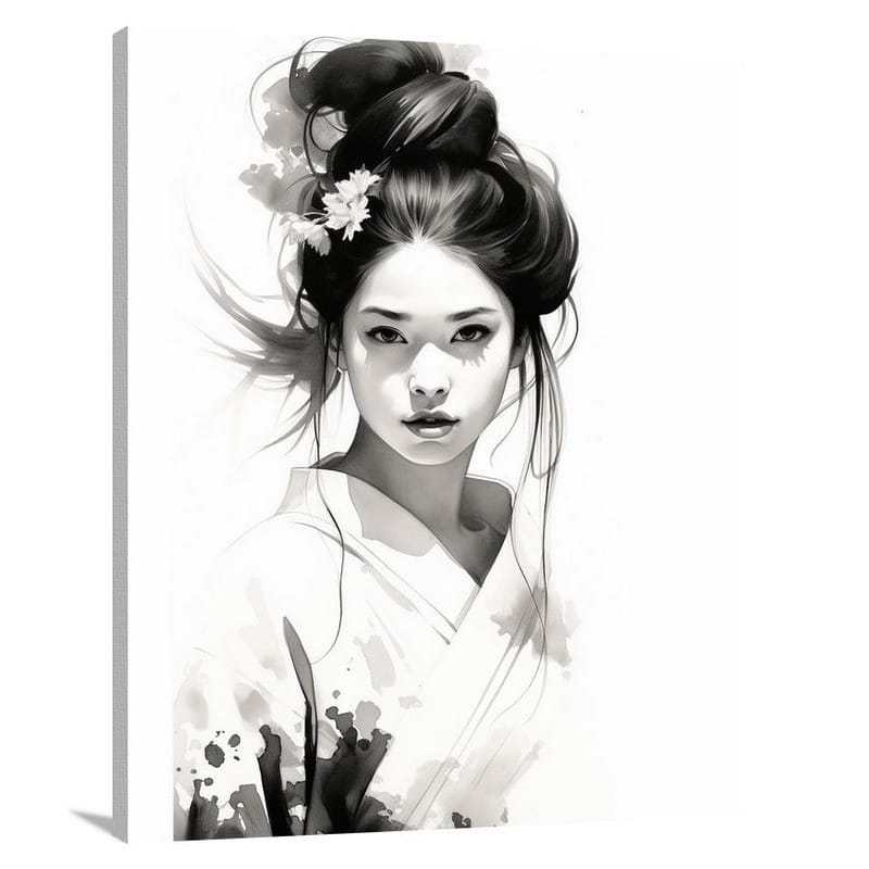 Geisha's Enigmatic Charm - Black And White - Canvas Print