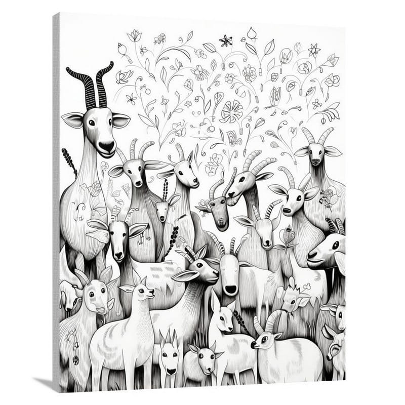 Goat's Whimsical Dance - Black And White - Canvas Print