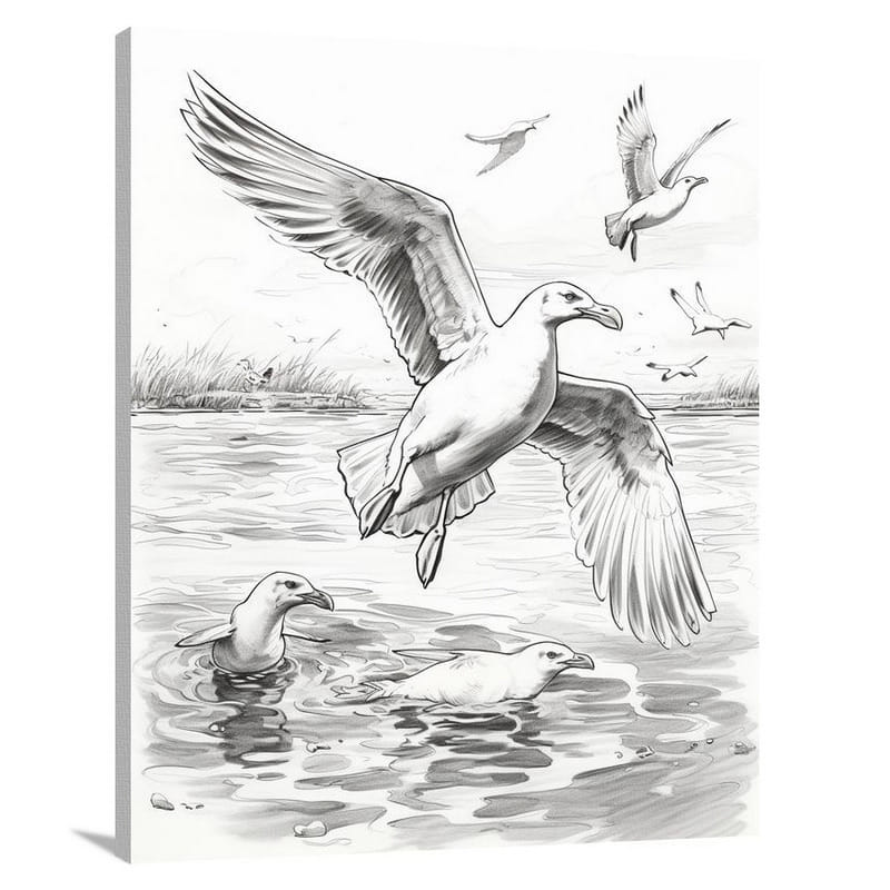 Gull's Flight - Black And White 2 - Canvas Print