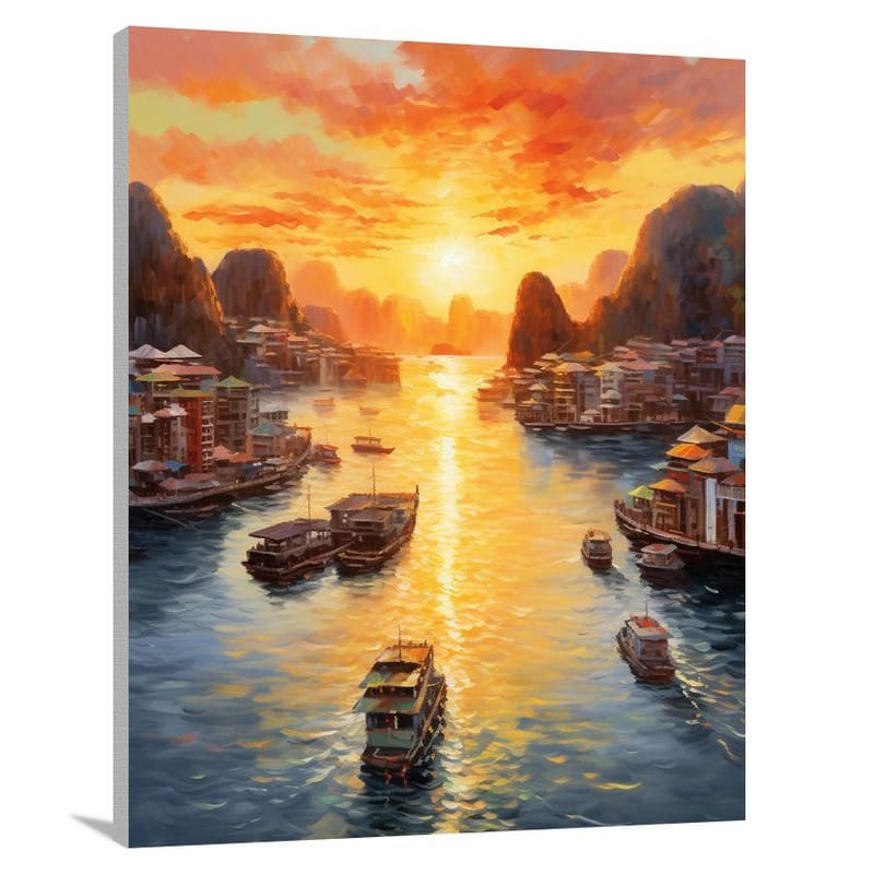 Ha Long Bay: Fiery Reflections - Canvas Print