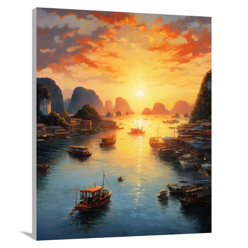 Ha Long Bay: Fiery Reflections - Contemporary Art - Canvas Print