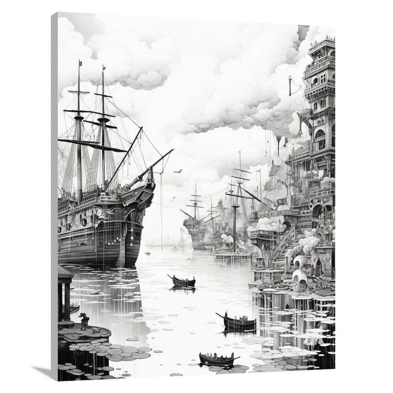 Harbor's Convergence - Black And White - Canvas Print