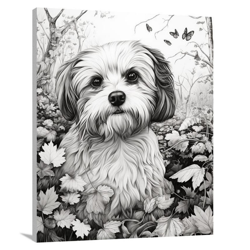 Havanese's Autumn Adventure - Black And White - Canvas Print