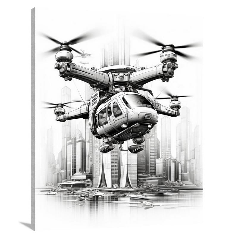 Helicopter's Urban Symphony - Black And White - Canvas Print