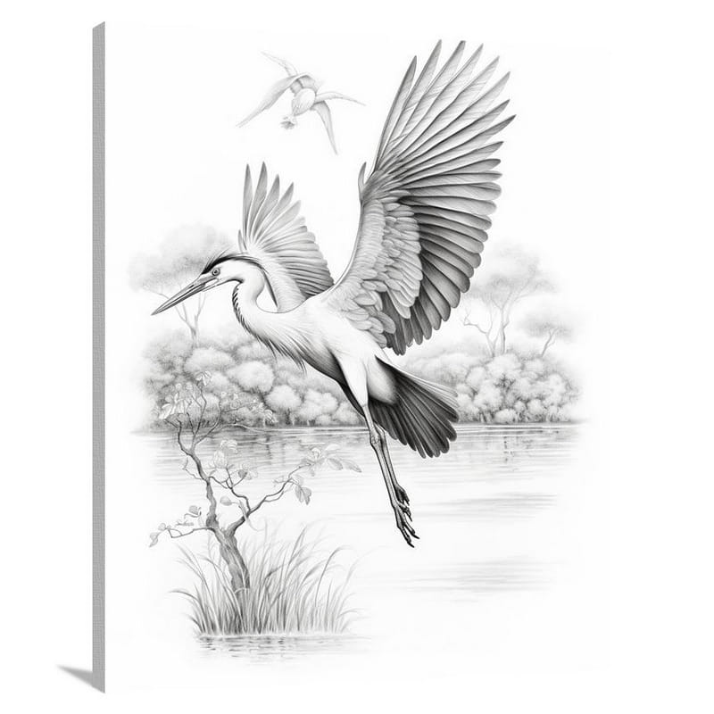 Heron's Flight - Black And White - Canvas Print