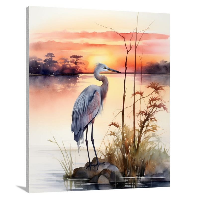Heron's Twilight Serenade - Canvas Print