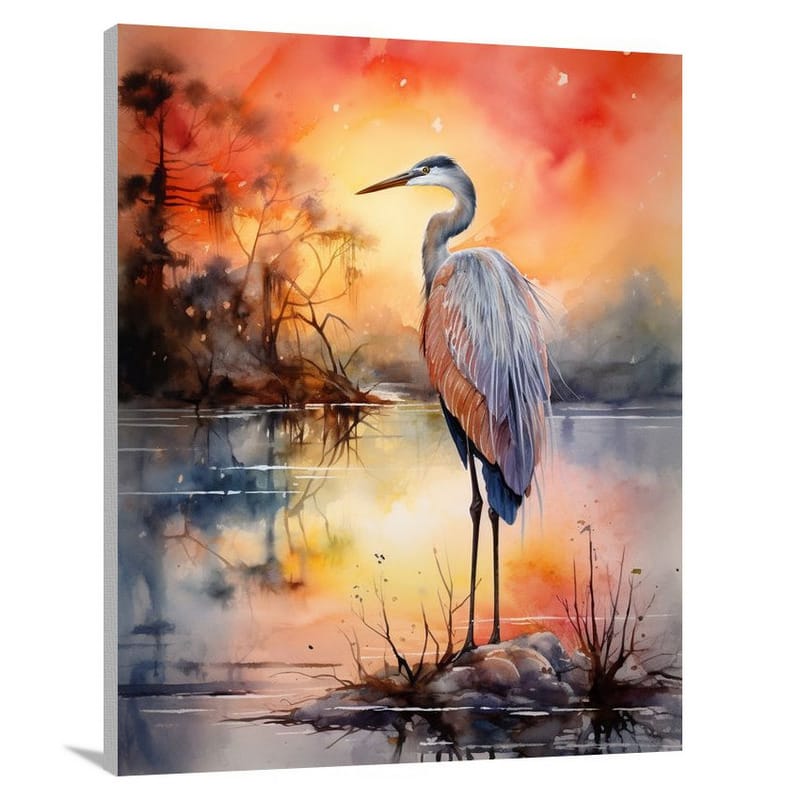 Heron's Twilight Serenade - Watercolor - Canvas Print