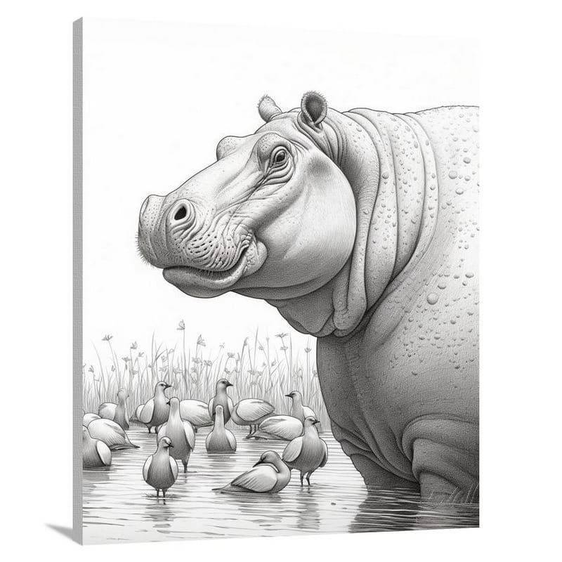 Hippopotamus Harmony - Black And White - Canvas Print