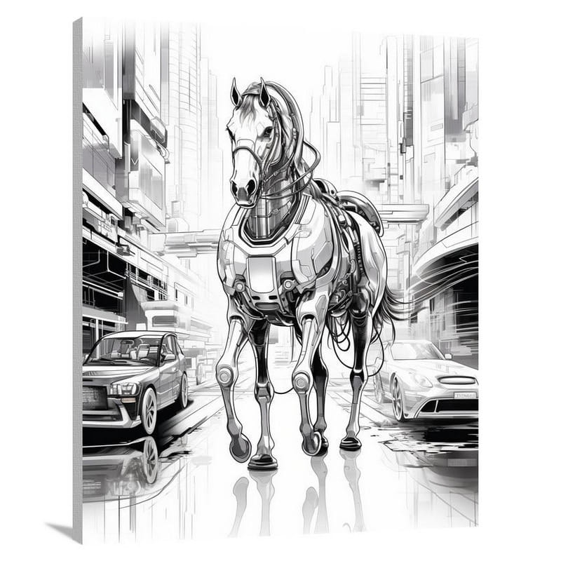 Horseback in the Neon City - Black And White - Canvas Print