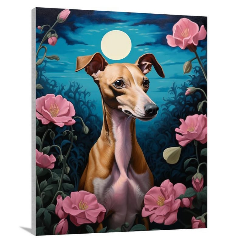 Italian Greyhound in Moonlit Garden - Canvas Print