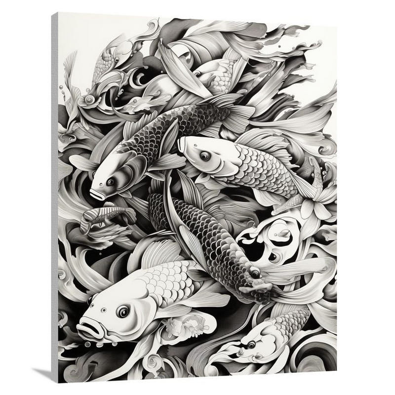 Koi Fish Symphony - Black And White 2 - Canvas Print