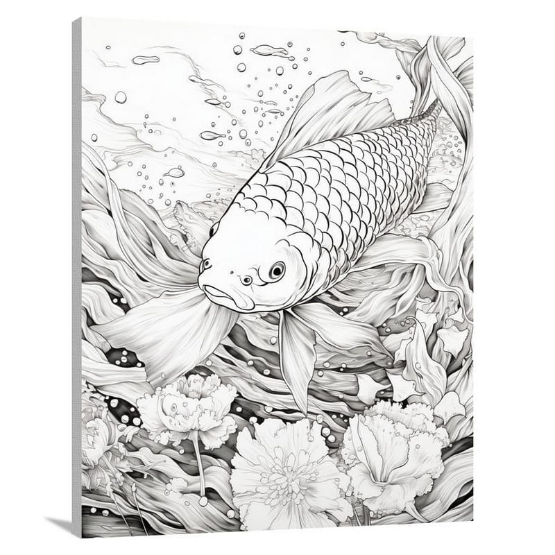 Koi Fish Symphony - Black And White - Canvas Print