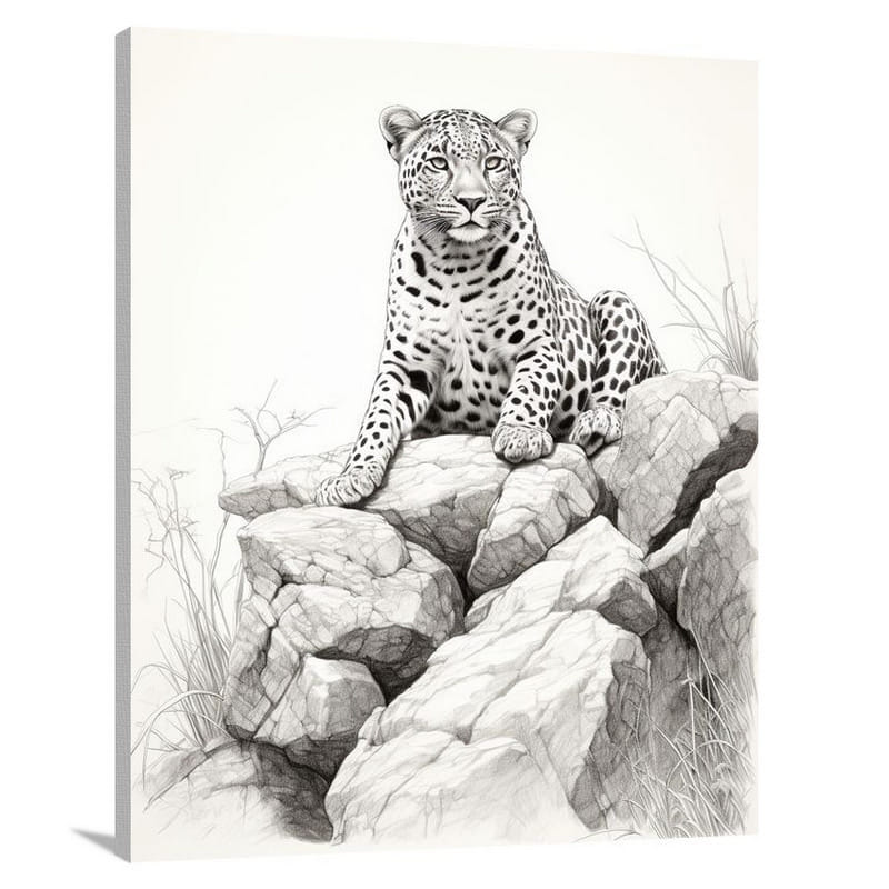 Leopard's Serene Serengeti - Black And White - Canvas Print