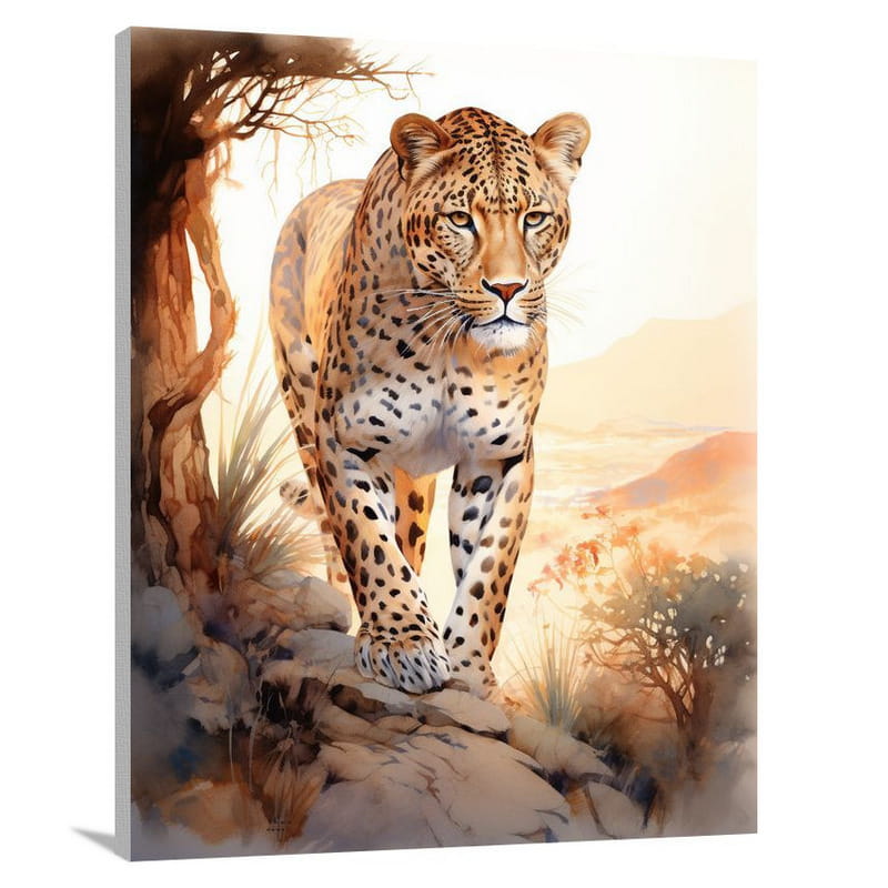 Leopard's Twilight Encounter - Watercolor - Canvas Print
