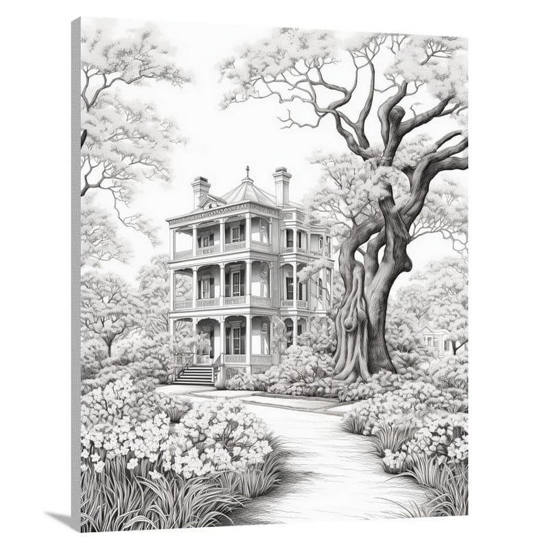 Louisiana Magnolia Mansion - Black And White - Canvas Print